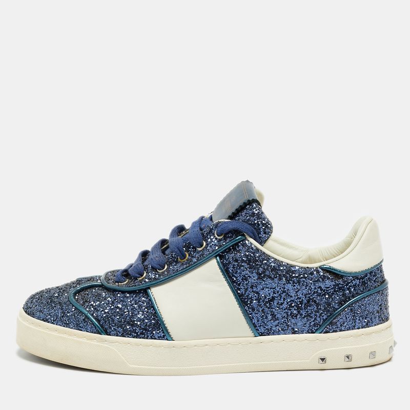 Valentino Flycrew Size 38.5 Blue/White Glitter And Leather Rockstud Low Top